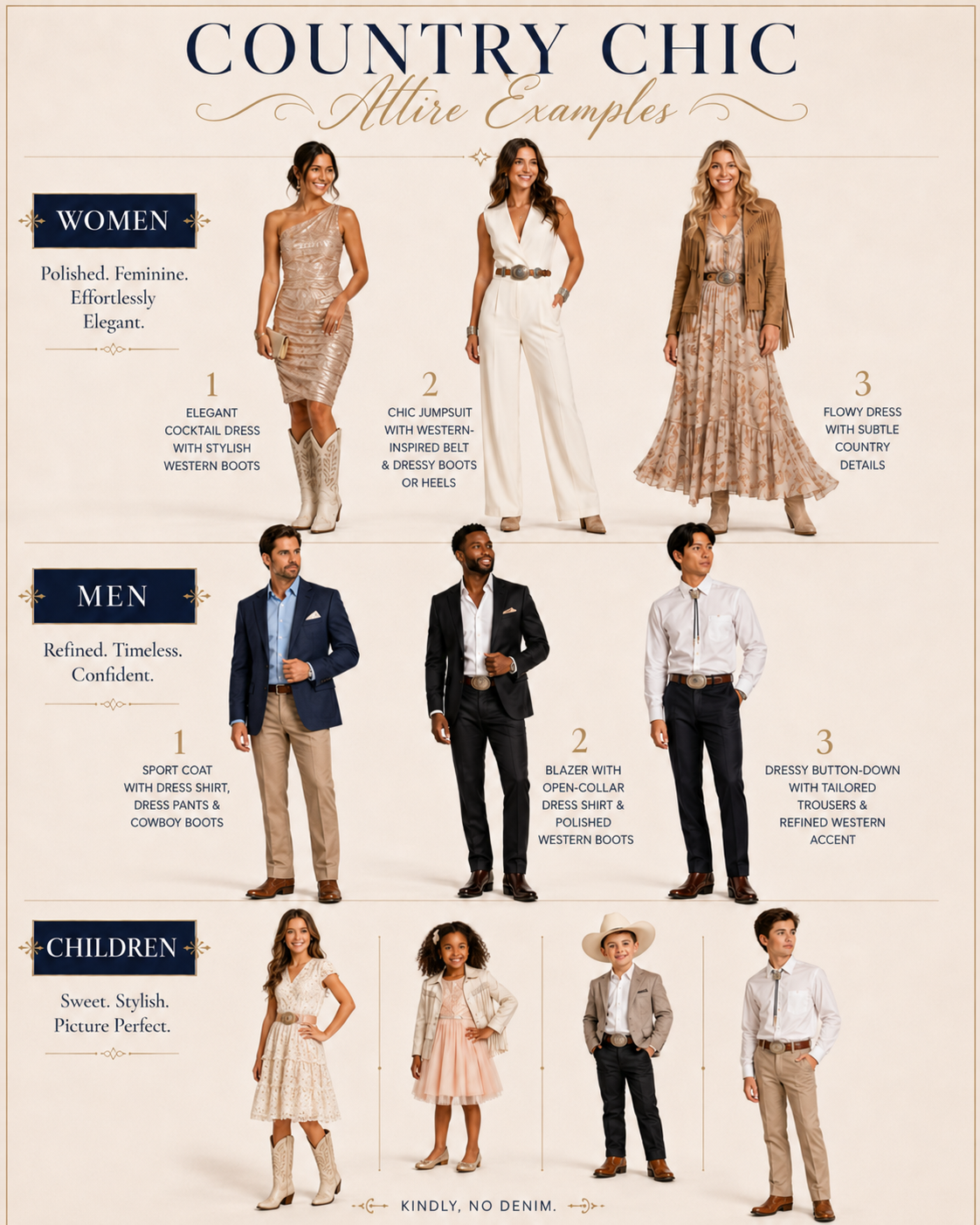 Country chic attire examples for women, men, and children, with no denim requested